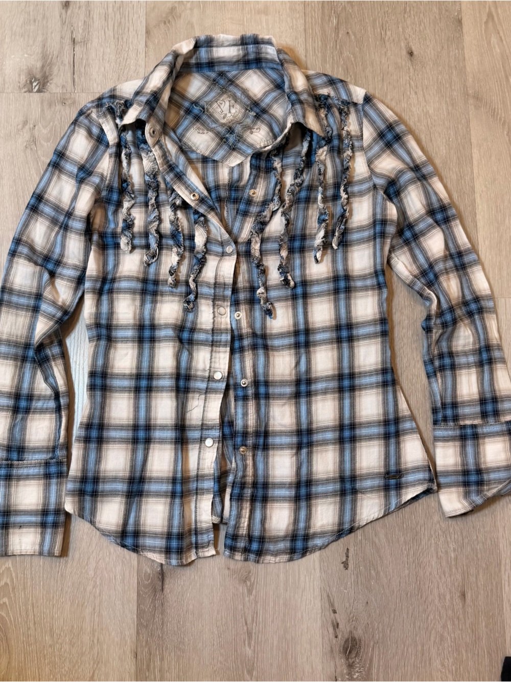 Seven7 Y2K Distressed Plaid Western Snap Shirt - Blue/White - Size Medium